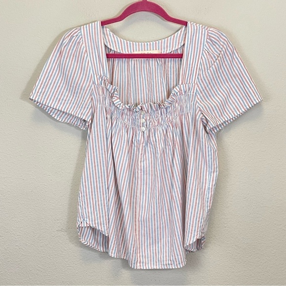 Anthropologie Isabella Sinclair Striped Smocked Neck Short Sleeve White Red S - Picture 3 of 10